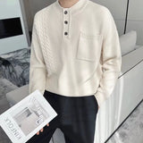 Korean Popular Men's Henry Collar Sweater Light Luxury Knit Long Sleeve Button Pullover Trending Jacquarded Solid Color Knitwear
