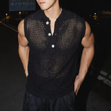 Summer Fashionable Mens Mesh Tank Tops Sexy Transparent Hollow Out Knit Camisoles For Men Casual Sleeveless Buttoned Vests