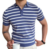 Vintage Turn-down Collar Buttoned Polo Shirts Men Knitting Short Sleeve Slim Polo Tops For Mens Summer Fashion Striped Knit Polo