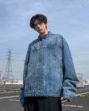 New High Street Men's Zip-up Denim Jackets Casual Washed Streetwear Stand Collar Texture Korean Harajuku Retro Long Sleeve Coats