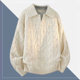 Korean Luxury Jacquard Men Polo Sweater Loose V Neck Knit Solid Color Pullover Casual Premium Quality Long Sleeve Knitwear M-3XL