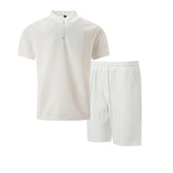 Casual Waffle Texture Two Piece Suits Mens Summer Leisure Short Sleeve Zipper Stand Collar Polo Shirt And Shorts Set Men Outfits