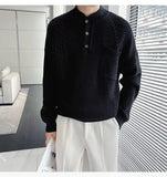 Korean Popular Men's Henry Collar Sweater Light Luxury Knit Long Sleeve Button Pullover Trending Jacquarded Solid Color Knitwear