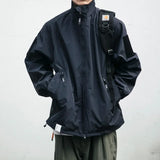 Japanese Retro Loose Stand-up Collar Functional Cargo Teach Jacket Men's Casual Waterproof Double Zipper Jacket Tactical Outwear