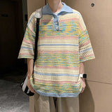 New Trend Men Fashion Striped Polo Shirt Light Luxury Hollow Out Knitted T-shirt Korean Style Summer Casual Short Sleeve Tops