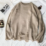 Man Clothes Pullovers Torn Crewneck Knitted Sweaters for Men Plain with Holes Solid Color Round Collar Cheap Casual A Cigaret S