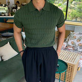 Summer Clothing Men's Luxury Knitted Jacquard Polo Shirt Casual Breathable Leisure V Neck Short Sleeve Knitwear New