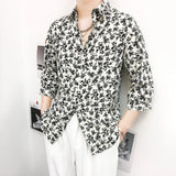 Mens Y2k Casual Floral Print Shirt Summer Harajuku Daily Versatile Temperament Personality Three-Quarter Sleeve Mens Top