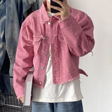 Niche Frayed Retro Denim Jacket High Street Workwear Jean Coats for Men Loose Short Casual Outwear Pink Trendy Men's Clothing