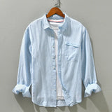 100% Linen Striped Shirt Men Spring Fall Fashion Long Sleeve Casual Loose Classical Blouses Teens Breathable Cozy Tops Male