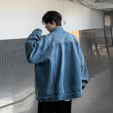 New High Street Men's Zip-up Denim Jackets Casual Washed Streetwear Stand Collar Texture Korean Harajuku Retro Long Sleeve Coats