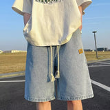 Men Basic Loose Outdoor Sports Casual Shorts Male Daily Knee Lenght Denim Short Pants Straight Wide Leg Wash Summer Short Jeans