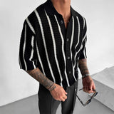 New British Business Men Striped Polo Shirt Light Luxury Hollow Out Knit Short Sleeve  T-shirts Loose Breathable Knitwear S-2XL