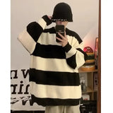 Korean style patchwork striped sweater for men in autumn and winter lazy loose knitted sweater round neck retro trendy sweater