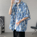 Men Ice Silk Smooth Shirt Spring Summer Thin Luxury Loose Korean Casual Shirt Beach Trendy Floral Draping Shirts Plus Size 5XL-M