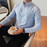 New Naples Business Men Shirts Luxury Textured Stand Collar Striped Long Sleeve Cardigan Leisure Premium Commuter Blouse M-3XL