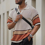 Knit Top Mens Boho Clothing Reto Polo Shirt Men Short Sleeve Vintage Sweater Contrast Hollow Summer Men Casual T Shirts Pullover