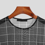 Men's Transparent Plaid T-shirts Long Sleeve Sexy Slim Streetwear O Neck Fashion Tops