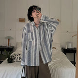 Korean Style Men's Shirt Stripe Casual Lapel Long Sleeved Pocket Contrast Color Single Breasted Male Top New Fashion