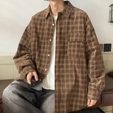 Autumn Plaid Corduroy Men Shirts New Y2K Streetwear Workwear Blouses Retro Long Sleeve Cargo Shirt Loose Casual Tops