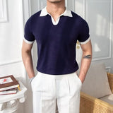 New Trend Men Business Polo Shirt Light Luxury Popular Slim V Neck T-shirt Leisure Patchwork Short Sleeve Tops Retro Knitwear