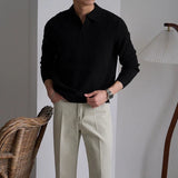 Men's American Retro Polo Sweater Luxury Trendy Business V Neck Knit Solid Color Pullover Leisure Slim-fit Long Sleeve Knitwear