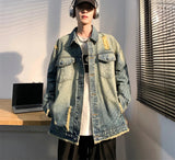Denim Jackets Men Washed Distressed Raw Edge Hole Autumn Turn-down Collar American Style High Street Retro Baggy Males Overcoats