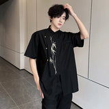New Chinese Style Embroidery Short Sleeve Shirt Men Wear Bamboo Leaf Pattern Shoulder Pad Male Shirts Loose Fit