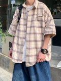 Summer Y2K Vintage Short Sleeve Shirt For Men Loose Appliques Polos Lapel Plaid Tee Shirts New High Street Pocket Blouse