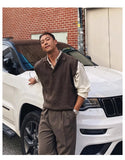 New Korean Fashion Polo Neck Men Sweater Vest Light Luxury Retro Business Knitted Sleeveless Waistcoats Leisure Premium Knitwear