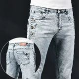 New Men's Slim Elastic Skinny Jeans Korean Design Fashion Multi-Button Vintage Washed Cotton Stretch Denim Pants Male Trousers