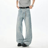 Korean Style Men Denim Pants Solid Color Washed Moustache Effect Wide Leg Trousers Loose Male Straight Jeans Summer