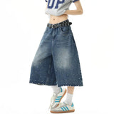 Niche Design Men's Denim Shorts Beading Decoration New Washing Solid Color Vintage Cropped Jeans Trendy Male Bottom