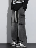 New Men's Baggy Straight Cargo Jeans Elastic Waist Vintage Blue Black Smoky gray Denim Pants Fashion High Street Male Trousers