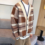 Autumn Men's Luxury Knitted Plaid Printed Buttons Cardigan Sweater Long Sleeve Streetwear Leisure Coat Fashion Check Knitwear