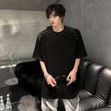 Korean Style Men's T-shirts Short Sleeved O-neck Handmade Diamonds Decoration Tees Loose Shoulder Pads Male Tops