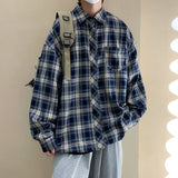 Shirts Men Clothing Plaid Long Sleeve Autumn Cool Navy Blue Japanese Retro Harajuku Students Preppy Stylish Handsome Kpop Casual