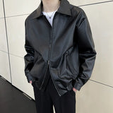 New Autumn Men's Casual Textured PU Leather Jacket High Street Zip-up Turn-down Collar Solid Color Long Sleeve Retro Coats M-3XL