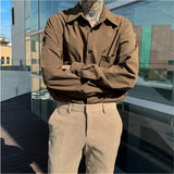 Autumn Korean Fashion Brown Shirt Men Long Sleeve Lapel High-end Mature England Style Casual Loose Pocket Inner Shirts for Men