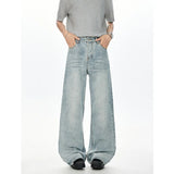 Korean Style Men Denim Pants Solid Color Washed Moustache Effect Wide Leg Trousers Loose Male Straight Jeans Summer