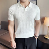 Men's V-neck POLO Shirt Summer New Hollow Striped Jacquard Solid Color Casual Short Sleeve knitted T-shirt Men's Clothing