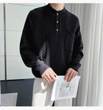 Korean Popular Men's Henry Collar Sweater Light Luxury Knit Long Sleeve Button Pullover Trending Jacquarded Solid Color Knitwear