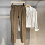 Autumn Winter Men's Woolen Suit Pants Formal Business Office Slim Straight Elastic Waist Korean Casual Tapered Brown Trousers
