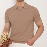 Stylish Mens Solid Color Polo Shirts Summer Fashion Slim Fit Zip-up Polo Collar Shirt For Men Casual Short Sleeve Pullover Tops