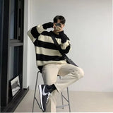 Men's Knitted Drooping Striped Sweater Light Luxury Pullover Casual Loose O Neck Solid Color Long Sleeve Korean Popular Knitwear
