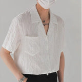 New Trend Men Cardigan Tops Textured Suit Collar Short Sleeve Shirts Leisure Jacquard Shirts for Man Luxury Style Premium Blouse