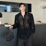 Black Transparent Gauze Shirt Men Handsome Fashion Casual Streetwear Loose Long Sleeve Turn-down Collar Blouse Men's Clothing