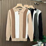 British Retro Men's Knitted Polo Shirt Light Luxury Patchwork Slim-fit Long Sleeve T-shirts Autumn Leisure Business Tops M-3XL