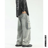 High quality Wide Leg jeans men Big Pocket Overalls Patchwork Men Unisex Neutral Loose Straight Casual High Street Hip Hop Jeans