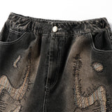 Hip Hop Denim Shorts Men Streetwear Vintage Patch Jeans Short Oversized Harajuku Embroidery Black Baggy Knee Length Pants Unisex